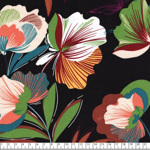 Tissu jersey grandes fleurs fond noir