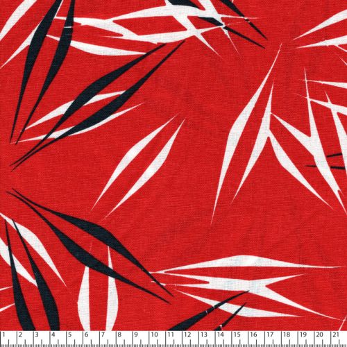 Tissu viscose et lin  feuilles graphiques rouge