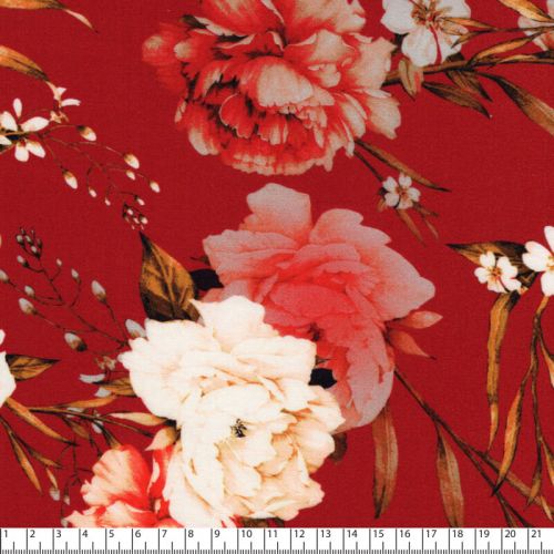 Tissu viscose pivoines sur fond rouge