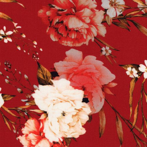 Tissu viscose pivoines sur fond rouge