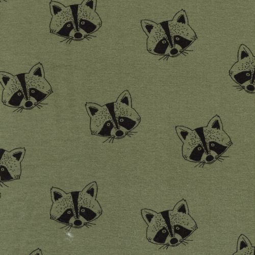 Tissu sweat fin coton BIO Raccoon fond vert Poppy