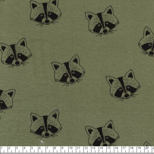 Tissu sweat fin coton BIO Raccoon fond vert Poppy