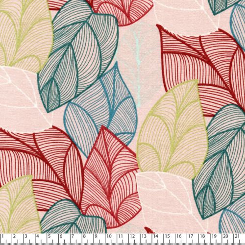 Tissu jersey french terry feuilles fond rose pâle