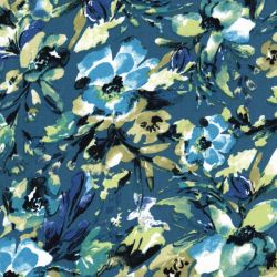 Tissu viscose fleurs pétrole fond bleu canard