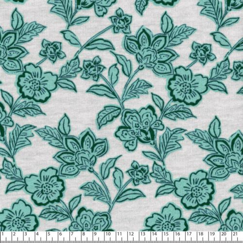 Tissu sweat fleurs vert émeraude fond beige chinée