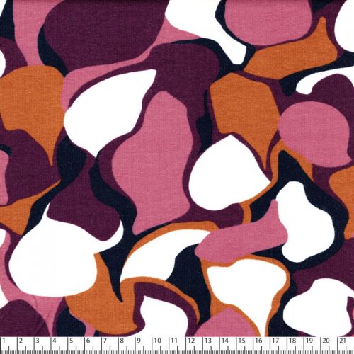 Tissu sweat fin abstrait violet/prune/moutarde