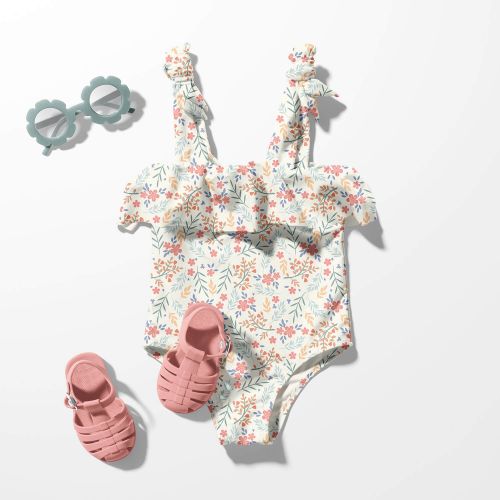 Tissu maillot de bain fleurs fond écru UPF50