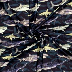 Tissu maillot de bain requins fond noir UPF50