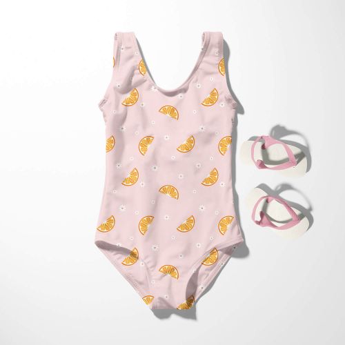 Tissu maillot de bain oranges fond rose UPF50 