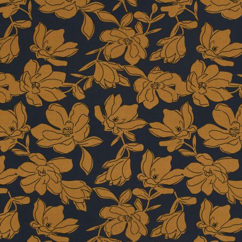 Tissu popeline de viscose fleurs moutarde