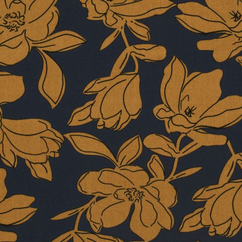 Tissu popeline de viscose fleurs moutarde