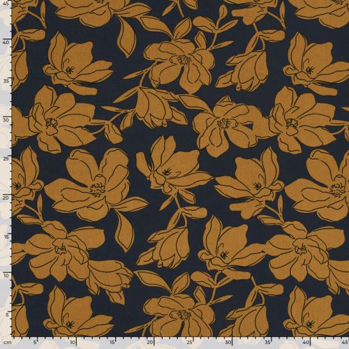 Tissu popeline de viscose fleurs moutarde