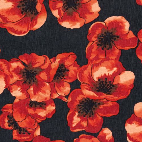 Tissu viscose crêpe fleurs rouge orangées