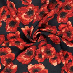 Tissu viscose crêpe fleurs rouge orangées