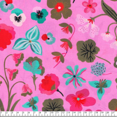 Tissu popeline digital Meadow Flower fond rose Nerida Hansen