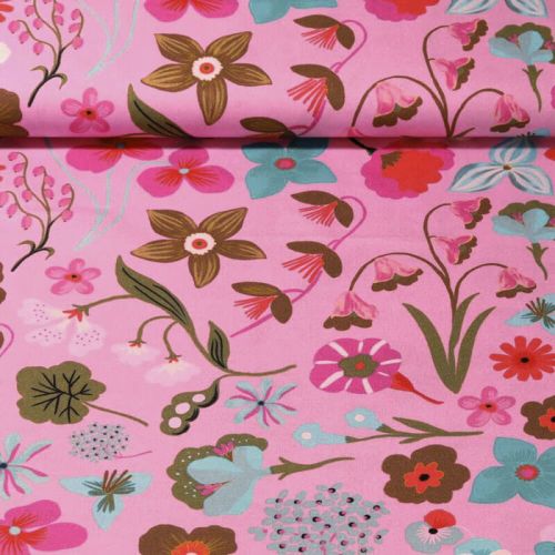 Tissu popeline digital Meadow Flower fond rose Nerida Hansen