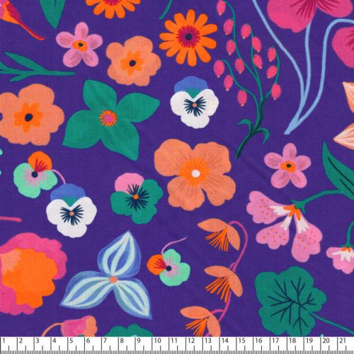 Tissu popeline digital Meadow Flower fond bleu Nerida Hansen