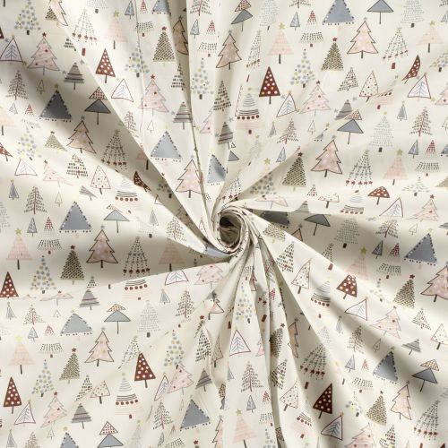 Tissu coton sapins décorés glitter fond blanc cassé