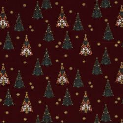 Tissu coton sapin glitter fond bordeaux 