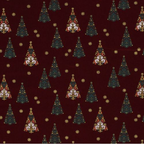 Tissu coton sapin glitter fond bordeaux 