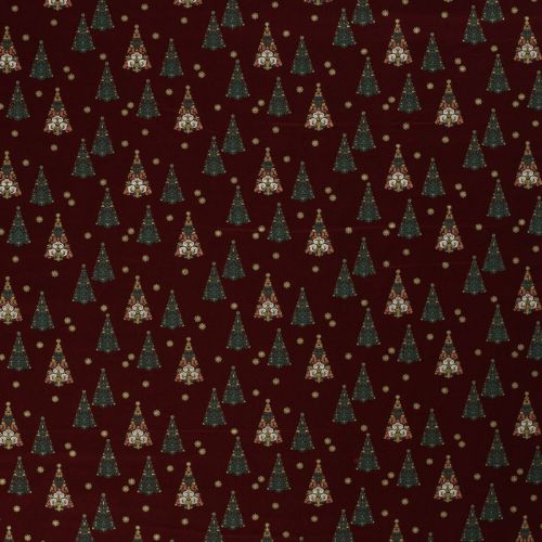 Tissu coton sapin glitter fond bordeaux 