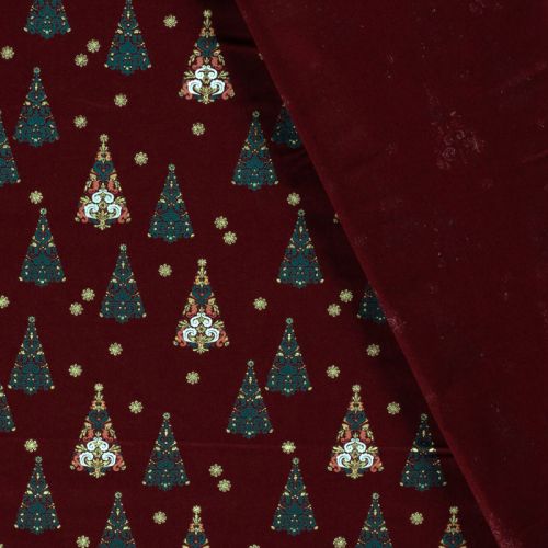 Tissu coton sapin glitter fond bordeaux 