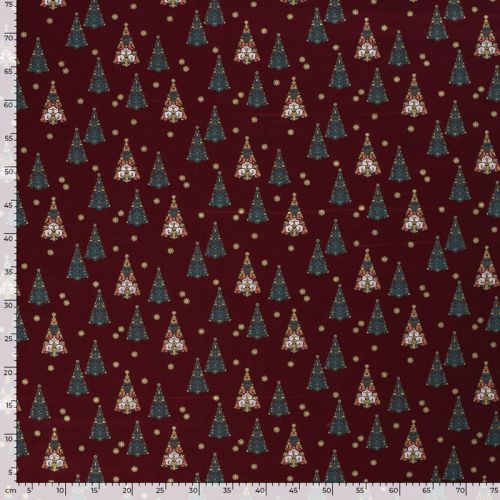 Tissu coton sapin glitter fond bordeaux 