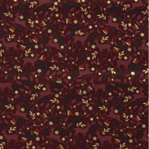 Tissu coton rennes glitter fond bordeaux