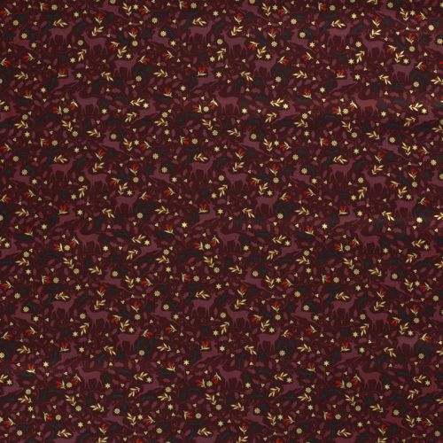 Tissu coton rennes glitter fond bordeaux