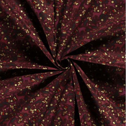 Tissu coton rennes glitter fond bordeaux