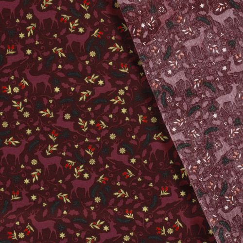 Tissu coton rennes glitter fond bordeaux