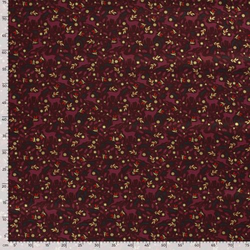 Tissu coton rennes glitter fond bordeaux