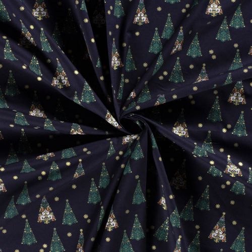 Tissu coton sapin glitter fond bleu marine 