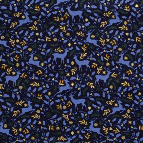 Tissu coton rennes glitter fond bleu marine