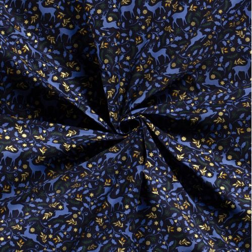 Tissu coton rennes glitter fond bleu marine