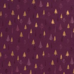 Tissu forêt de sapins glitter fond bordeaux 