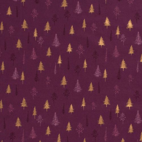 Tissu forêt de sapins glitter fond bordeaux 