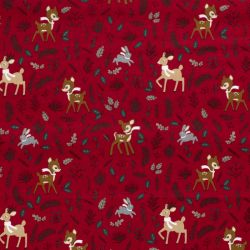 Tissu coton la forêt fête noël fond rouge