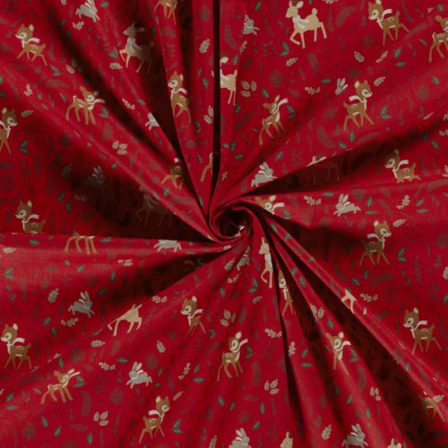 Tissu coton la forêt fête noël fond rouge