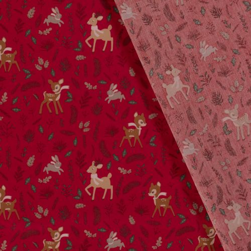 Tissu coton la forêt fête noël fond rouge