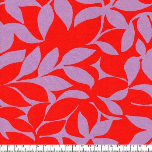 Tissu sweat fin feuille lilas/rouge Poppy