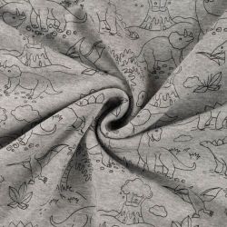 Tissu sweat minky dinos fond gris chiné