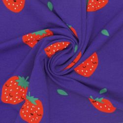 Tissu sweat fin fraises fond bleu électrique Poppy