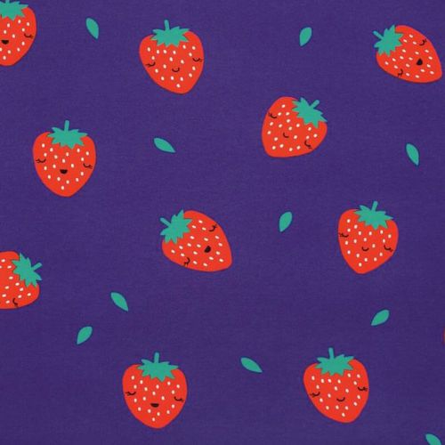 Tissu sweat fin fraises fond bleu électrique Poppy