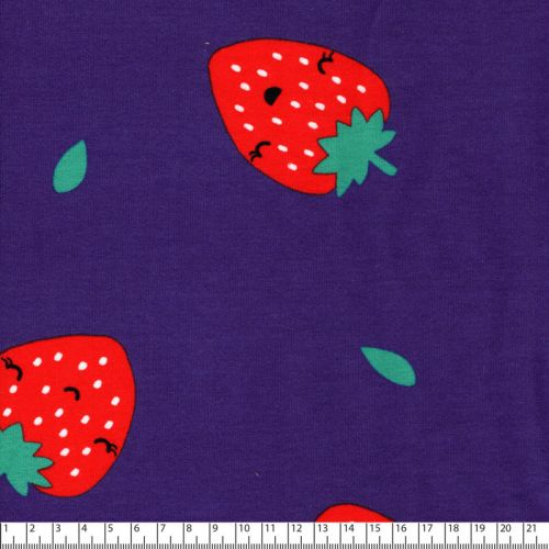 Tissu sweat fin fraises fond bleu électrique Poppy