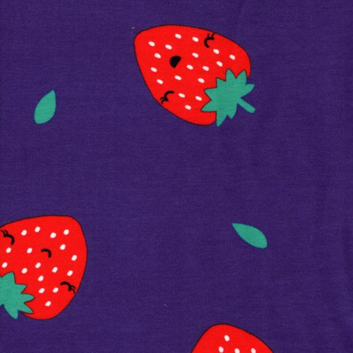 Tissu sweat fin fraises fond bleu électrique Poppy