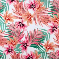 Tissu jersey viscose motif tropical rose fond blanc