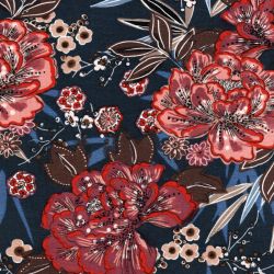 Tissu jersey viscose grosses fleurs orangées fond marine