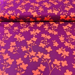 Tissu twill viscose fleurs abricot fond violet